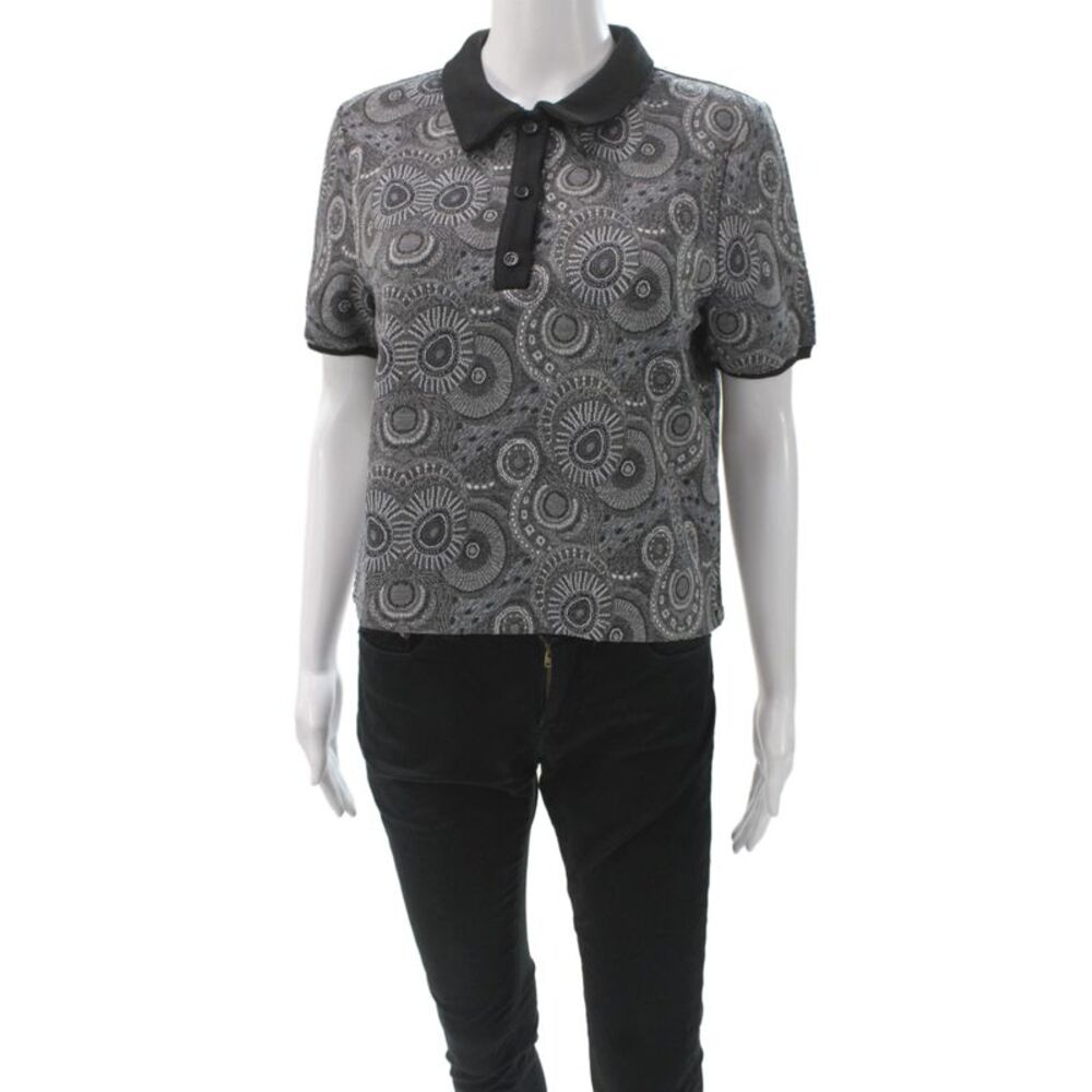 Kahindo Womens Basic Collared Button Polo Gray Geometric Short Sleeve Size L